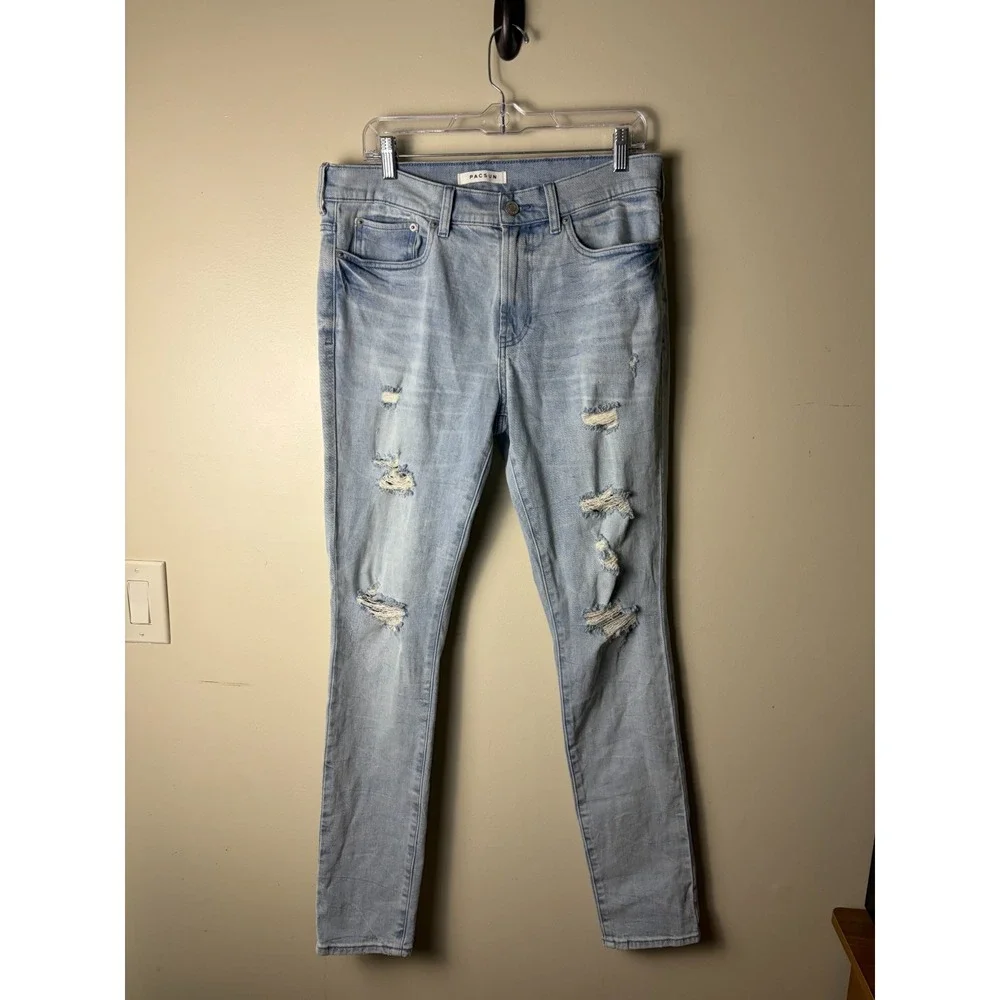 Pacsun Jeans Mens 32x32 Blue Stacked Skinny Premium Stretch Distressed